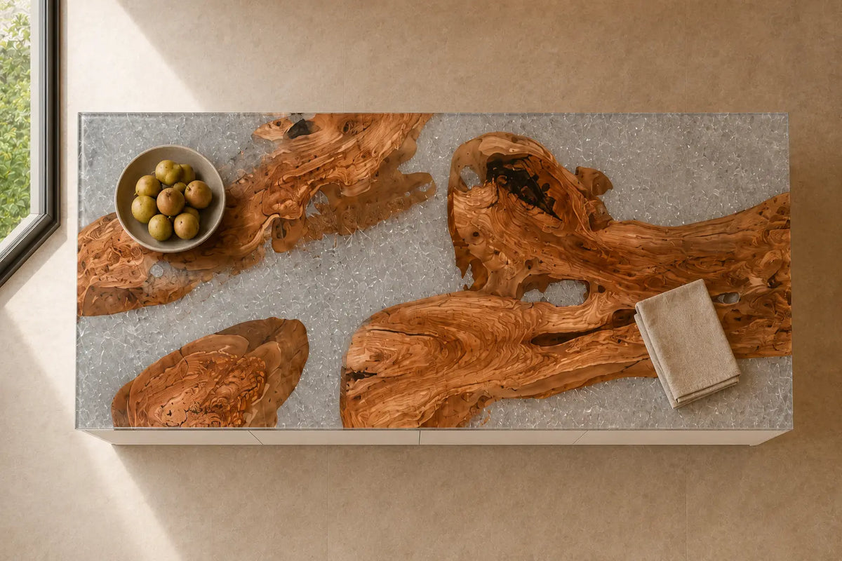 Silver Crystal Mosaic Silver Flake Clear Olive Wood Epoxy Countertop CPT40