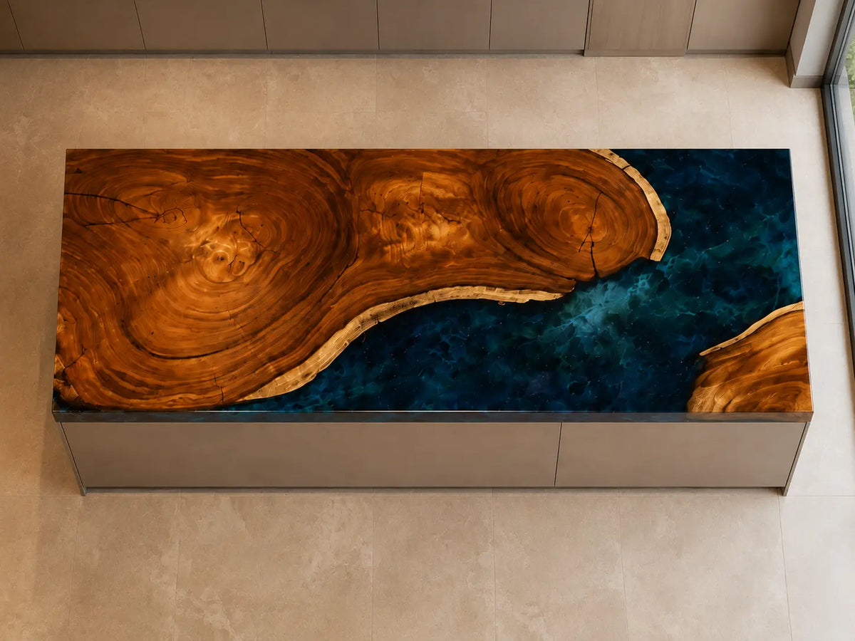 CPTC42 Navy Peninsula Navy Blue Walnut Wood Epoxy Countertop featuring handcrafted walnut wood and navy blue resin for an island countertop