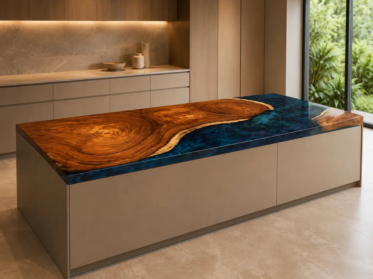 Navy Peninsula Navy Blue Walnut Wood Epoxy Countertop CPT42