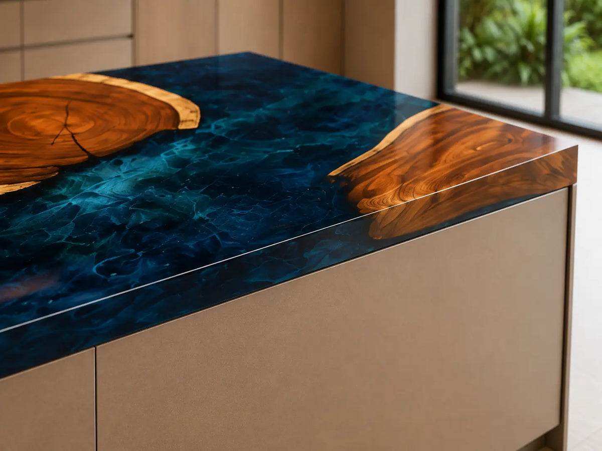 Navy Peninsula Navy Blue Walnut Wood Epoxy Countertop CPT42