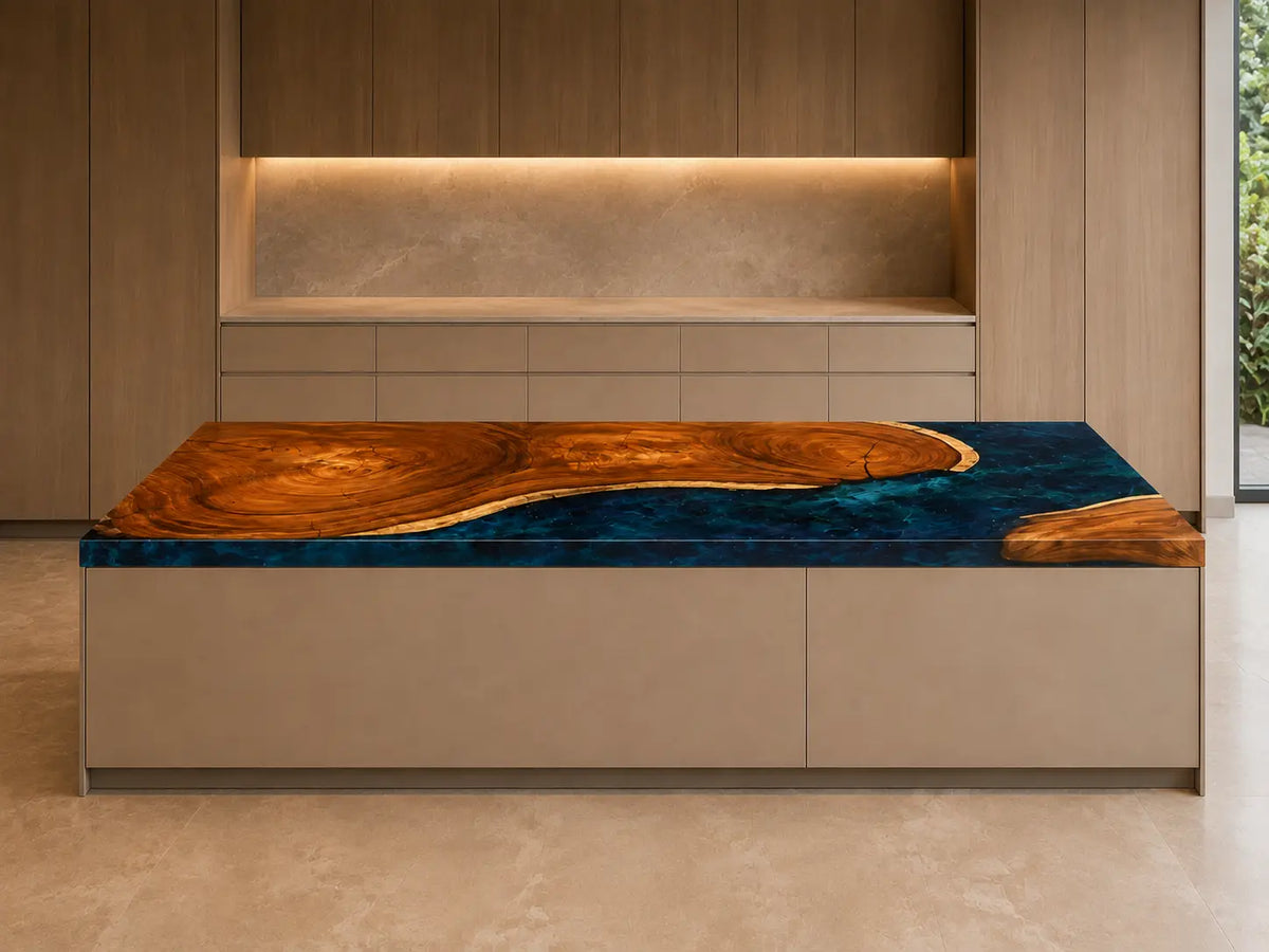 Navy Peninsula Navy Blue Walnut Wood Epoxy Countertop CPT42