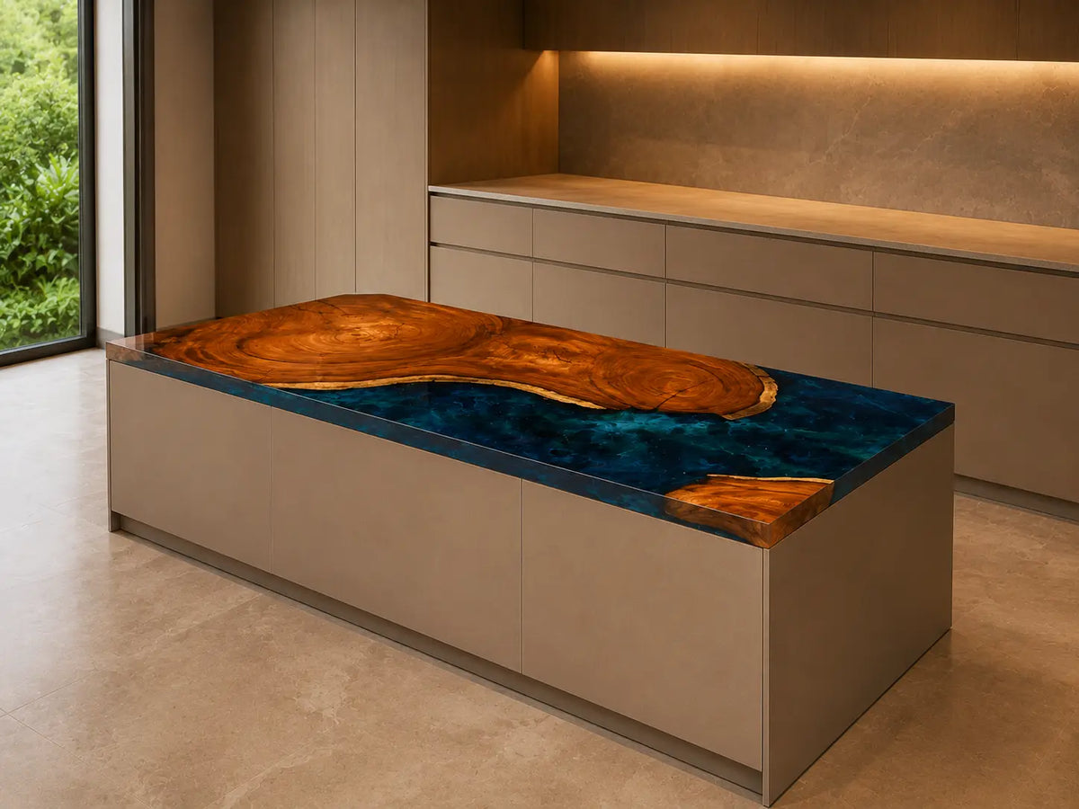 Navy Peninsula Navy Blue Walnut Wood Epoxy Countertop CPT42