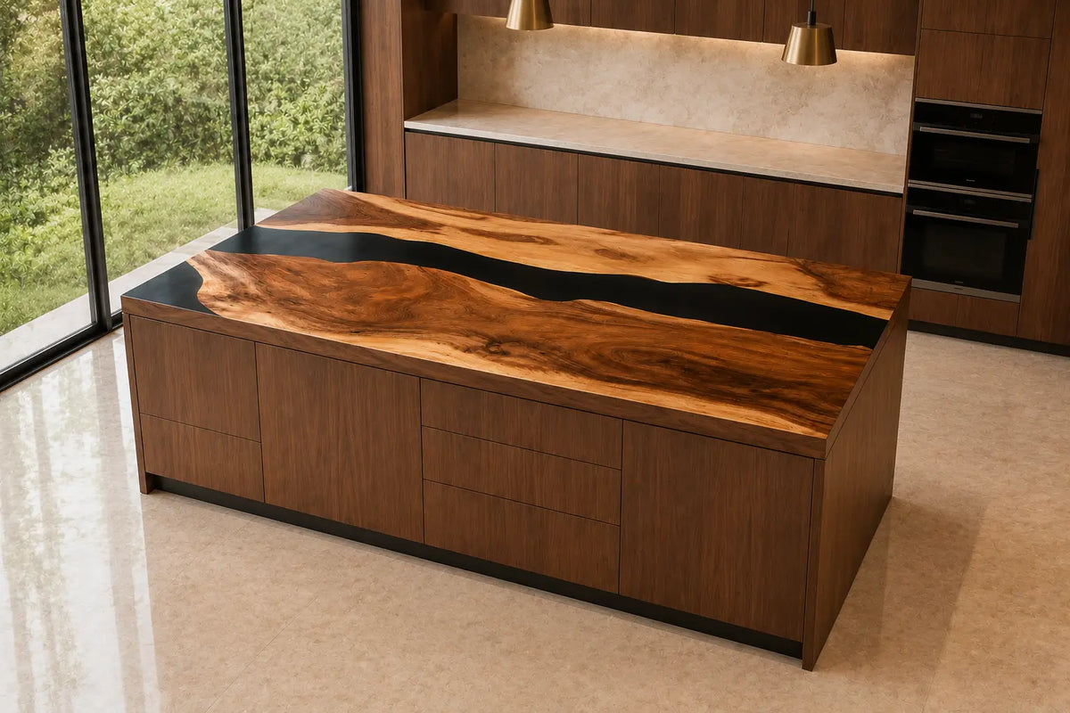 CPTC43 Onyx Ribbon Black Walnut Wood Epoxy Countertop featuring handcrafted walnut wood and black resin for an island countertop