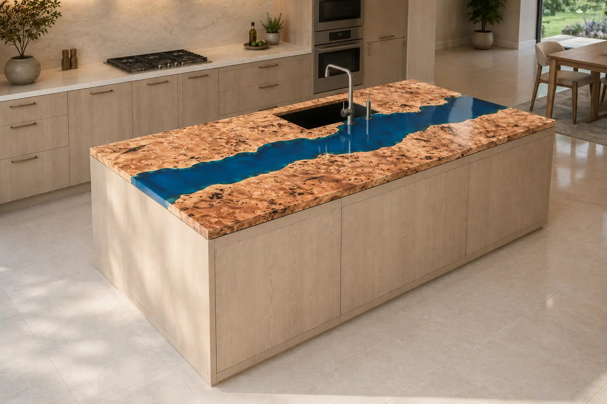 CPTC44 Sky Atoll Sky Blue Poplar Wood Epoxy Countertop featuring handcrafted poplar wood and sky blue resin for an island countertop