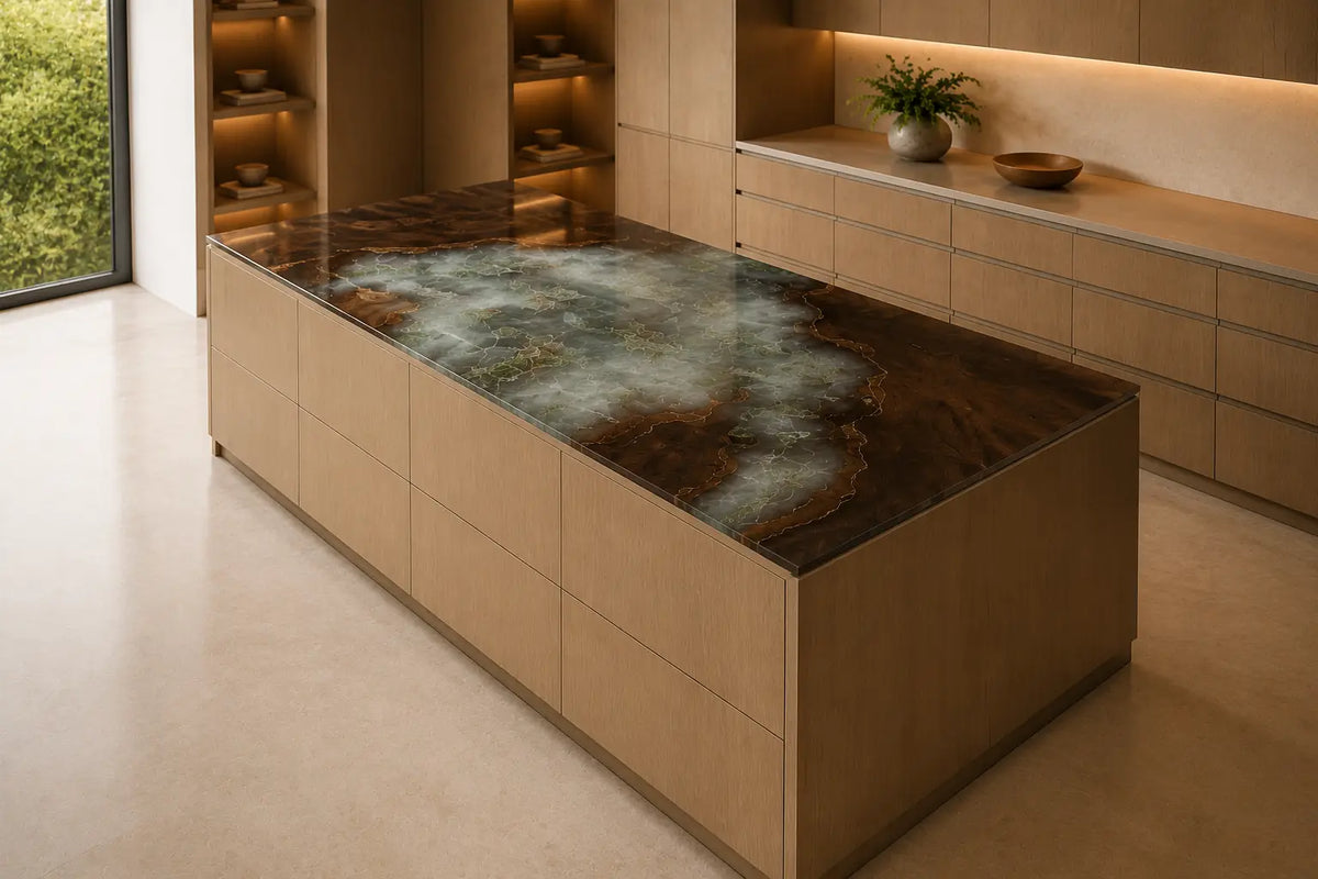 CPTC45 Smoked Glass Smoky Gray Walnut Wood Epoxy Countertop featuring handcrafted walnut wood and smoky gray resin for an island countertop