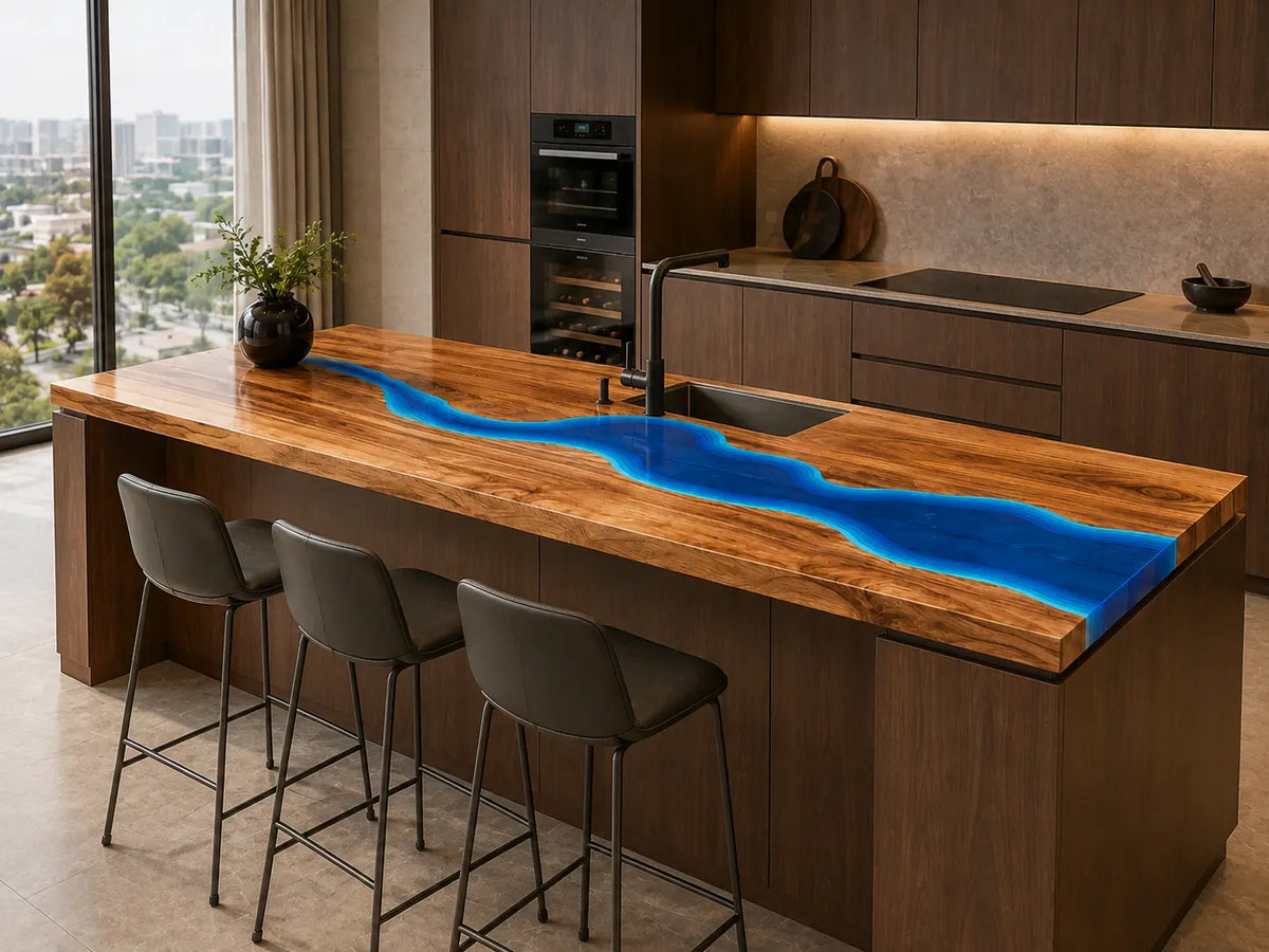 CPTC46 Cobalt Stream Cobalt Blue Walnut Wood Epoxy Countertop featuring handcrafted walnut wood and cobalt blue resin for a breakfast bar