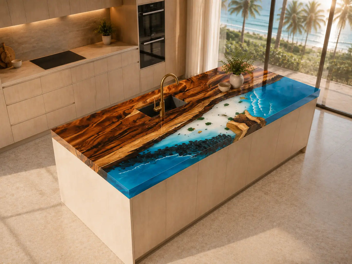 CPTC47 Aqua Reef Aqua Blue Walnut Wood Epoxy Countertop featuring handcrafted walnut wood and aqua blue resin for an island countertop