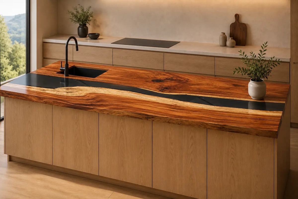 CPTC48 Blackwater Line Black Walnut Wood Epoxy Countertop featuring handcrafted walnut wood and black resin for an island countertop
