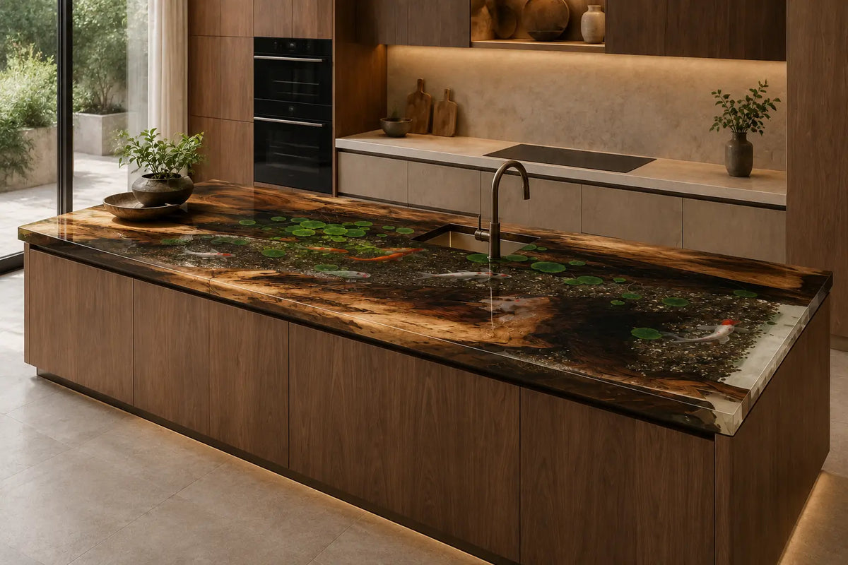 CPTC49 Forest Night Black with Green Highlights Walnut Wood Epoxy Countertop featuring handcrafted walnut wood and black with green highlights resin for an island countertop