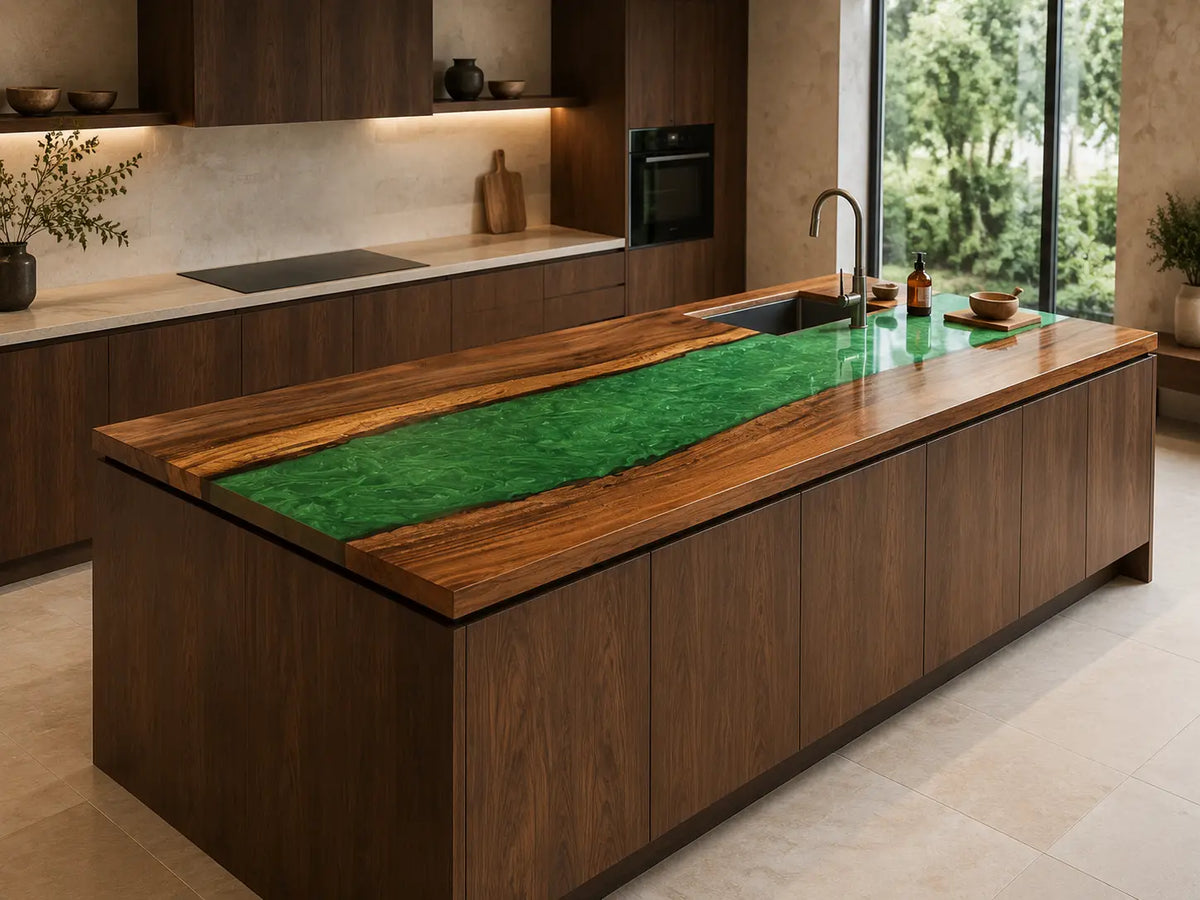CPTC50 Emerald Panel Emerald Green Walnut Wood Epoxy Countertop featuring handcrafted walnut wood and emerald green resin for an island countertop