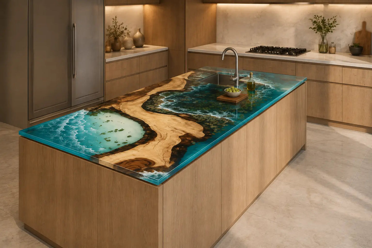 CPTC51 Tidal Basin Aqua Blue Walnut Wood Epoxy Countertop featuring handcrafted walnut wood and aqua blue resin for an island countertop