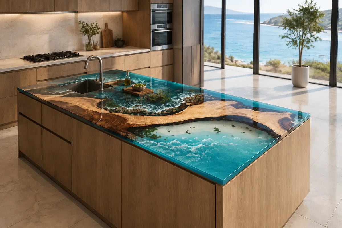 Tidal Basin Aqua Blue Walnut Wood Epoxy Countertop CPT51