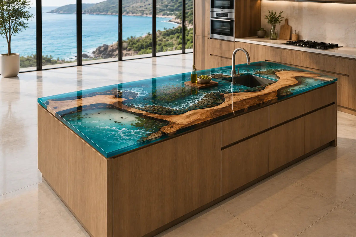 Tidal Basin Aqua Blue Walnut Wood Epoxy Countertop CPT51