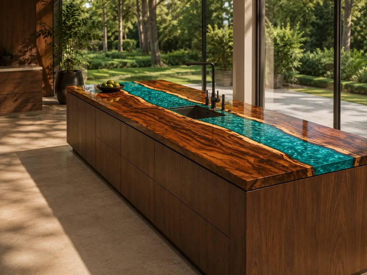 CPTC52 Turquoise Valley Turquoise Walnut Wood Epoxy Countertop featuring handcrafted walnut wood and turquoise resin for an island countertop