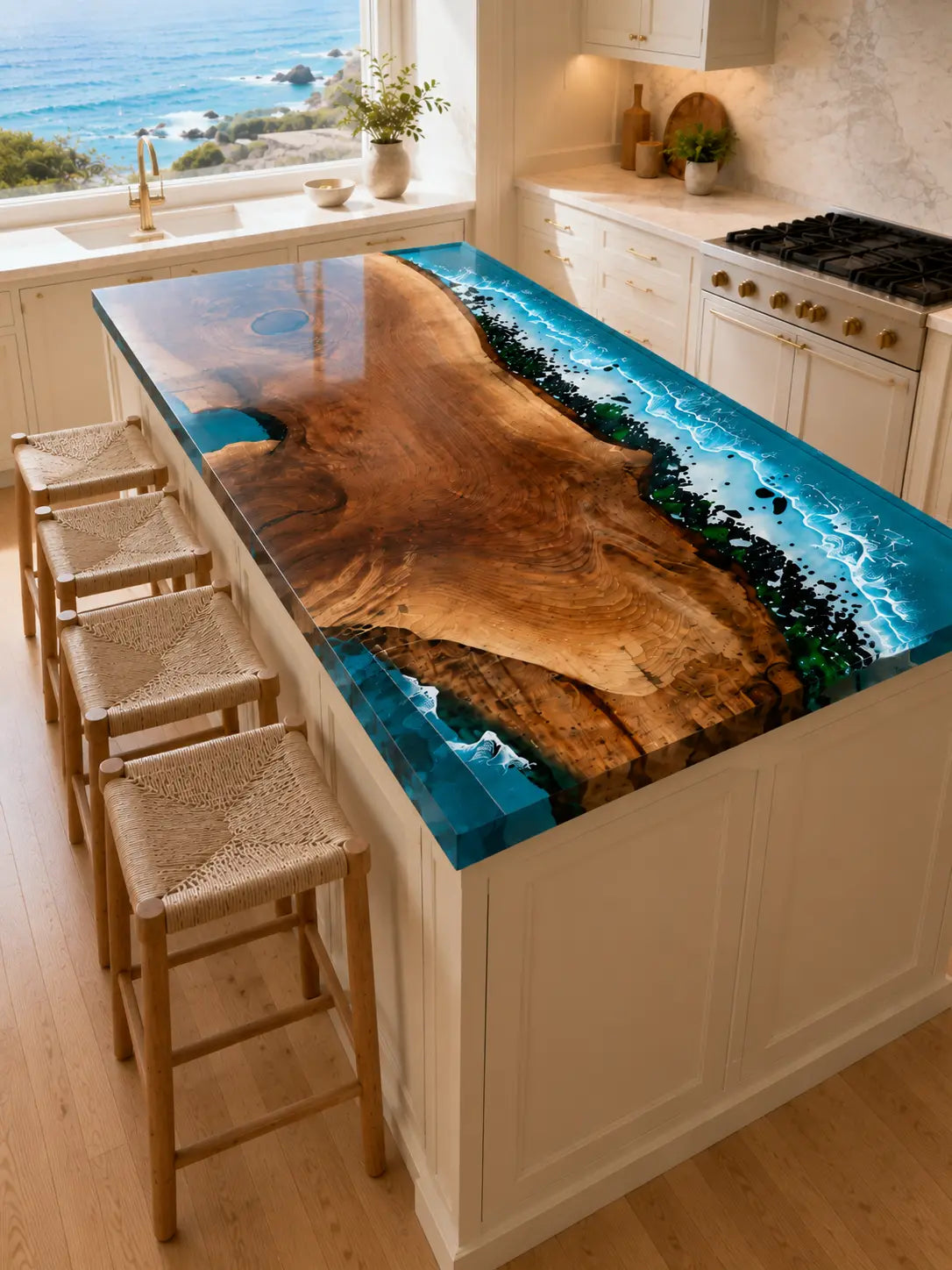 CPTC53 Sea Glass Edge Ocean Blue Black Walnut Epoxy Countertop featuring handcrafted black walnut and ocean blue resin for a breakfast bar