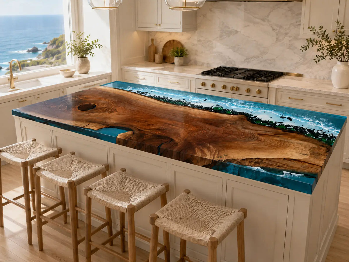 Sea Glass Edge Ocean Blue Black Walnut Epoxy Countertop CPT53
