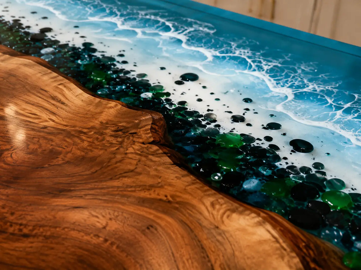 Sea Glass Edge Ocean Blue Black Walnut Epoxy Countertop CPT53
