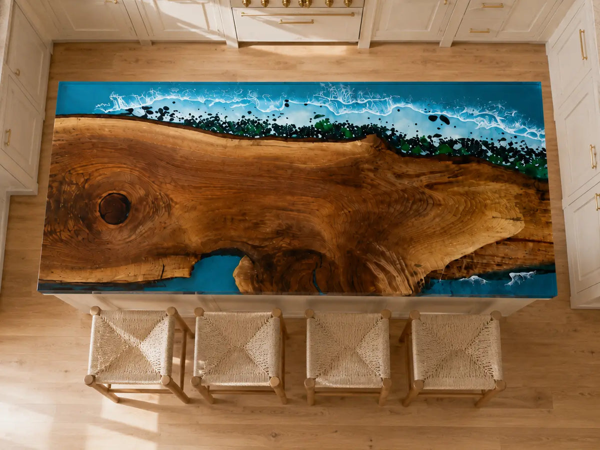 Sea Glass Edge Ocean Blue Black Walnut Epoxy Countertop CPT53