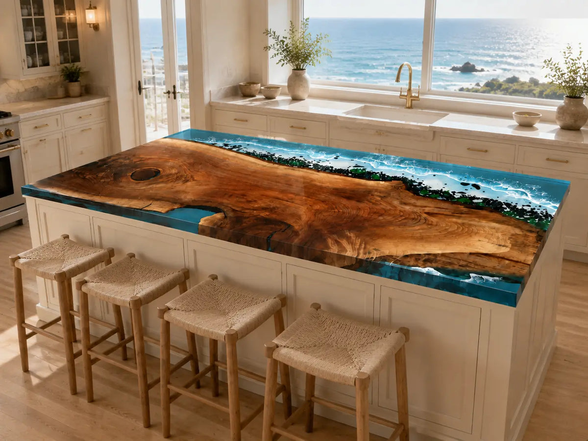 Sea Glass Edge Ocean Blue Black Walnut Epoxy Countertop CPT53