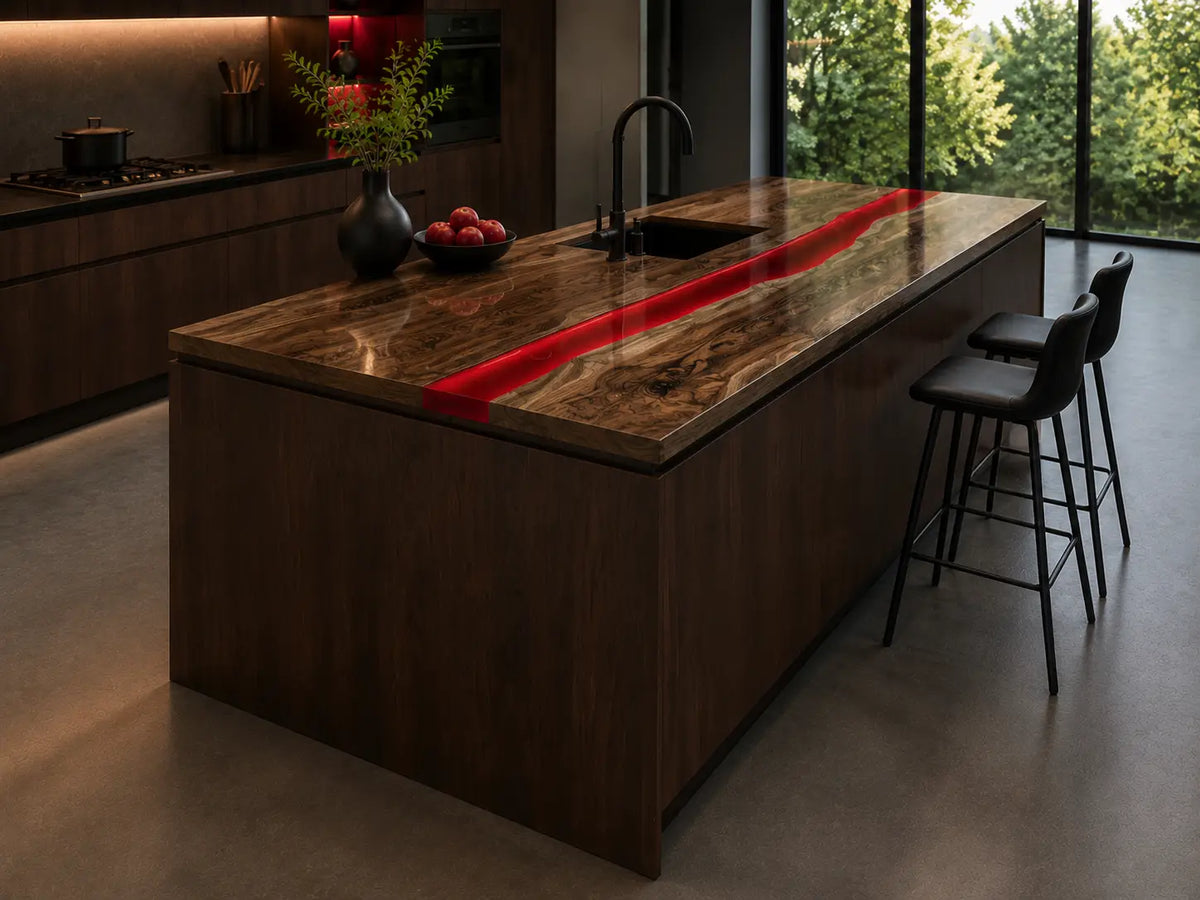 CPTC54 Ruby Horizon Ruby Red Walnut Wood Epoxy Countertop featuring handcrafted walnut wood and ruby red resin for a breakfast bar