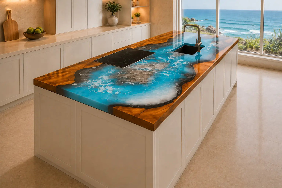 CPTC55 Azure Archipelago Azure Blue Walnut Wood Epoxy Countertop featuring handcrafted walnut wood and azure blue resin for an island countertop