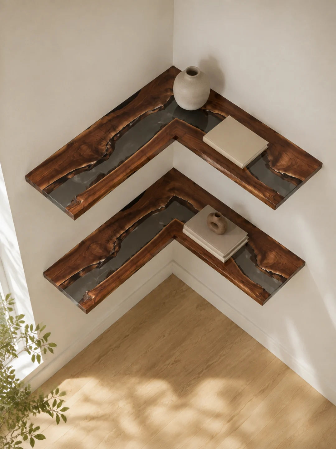 CS01 Double Corner Line smoky black corner shelf with handcrafted resin and natural-grain detail