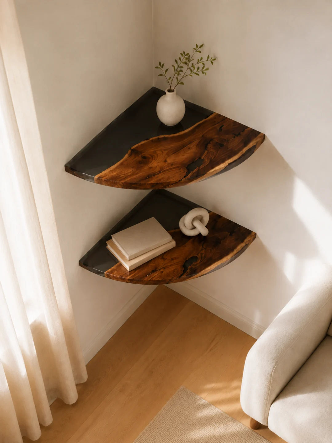 CS02 Black Edge Pair jet black corner shelf with handcrafted resin and natural-grain detail