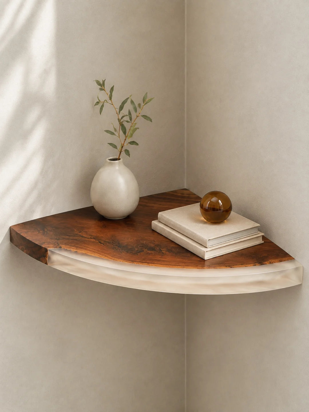 Clear Quarter Moon Crystal Clear Epoxy Corner Shelf CS07