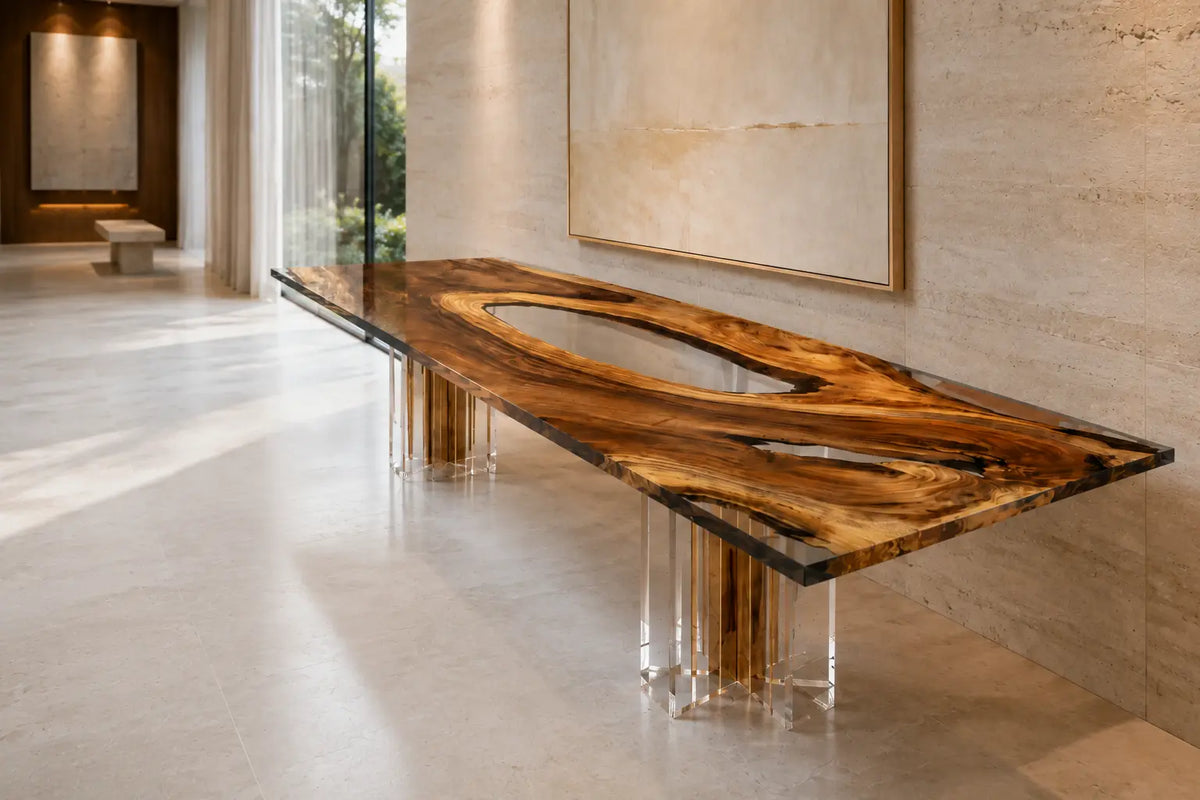 CST01 Shadow Passage walnut epoxy console table with twin jet-black resin openings and clear acrylic supports