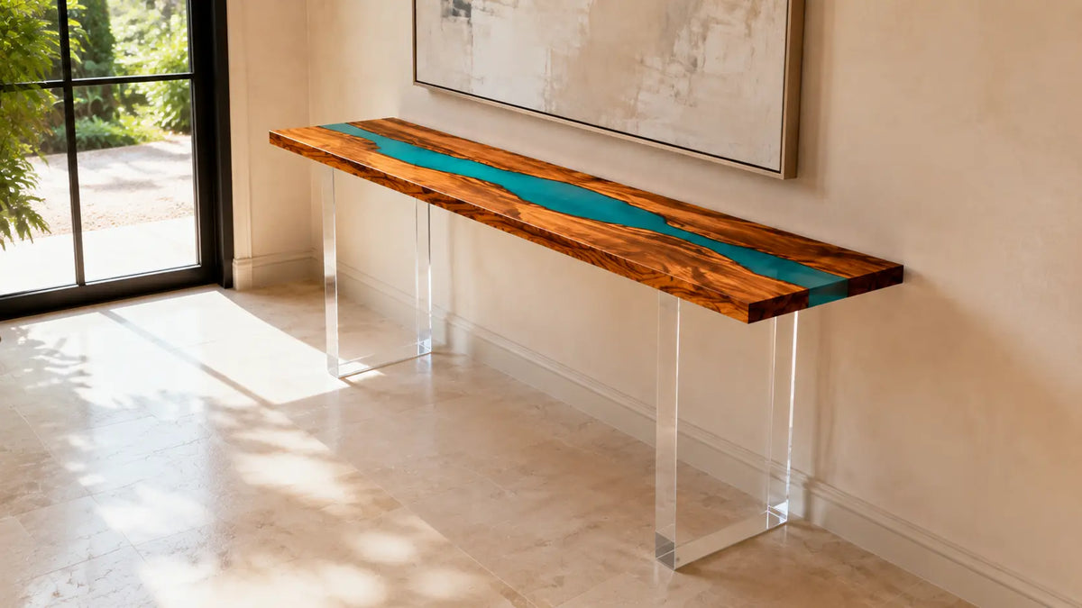 CST04 Turquoise Current walnut epoxy console table with vivid turquoise resin and golden live-edge contours