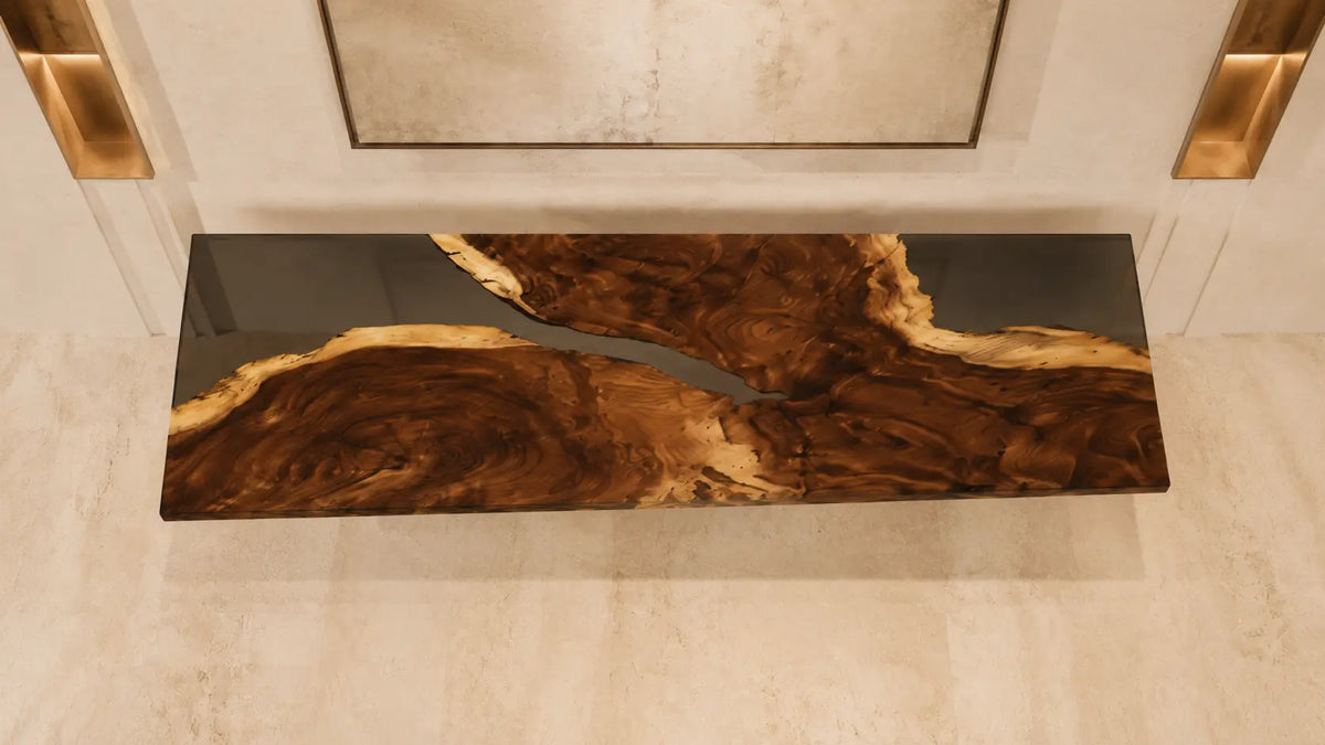 CST05 Midnight Divide walnut epoxy console table displaying two figured wood sections over deep jet-black resin