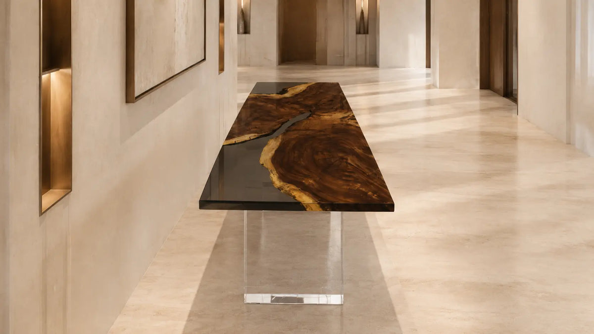 CST06 Glassbank walnut console table encased in crystal-clear epoxy with a visible floating live edge