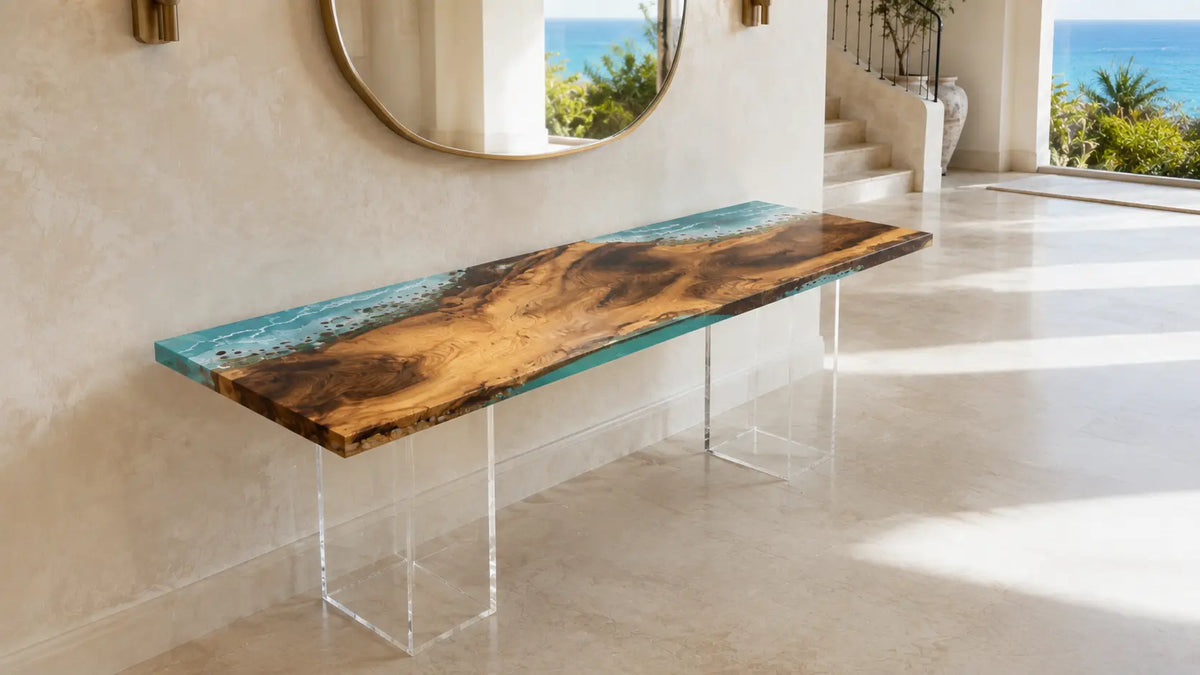 CST07 Lagoon Edge walnut epoxy console table outlined by a translucent turquoise resin border