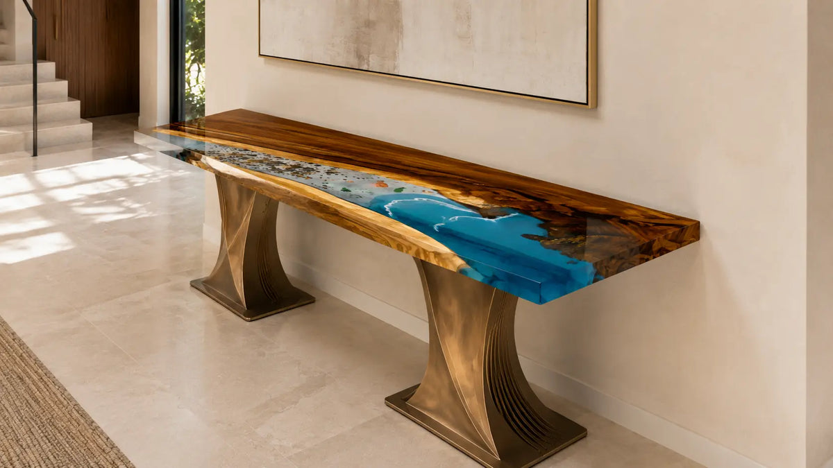 CST08 Tidal Break walnut ocean epoxy console table with blue water, pearl-white surf and dark shoreline accents