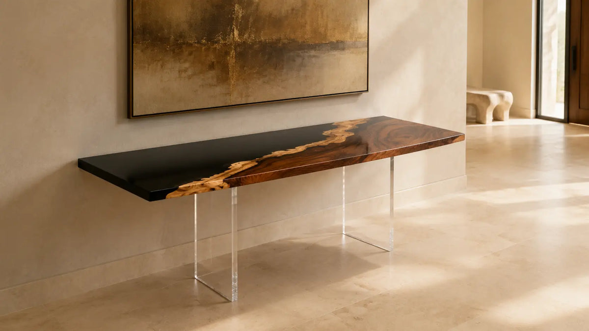 CST09 Black Horizon walnut epoxy console table with a solid jet-black field and irregular natural shoreline