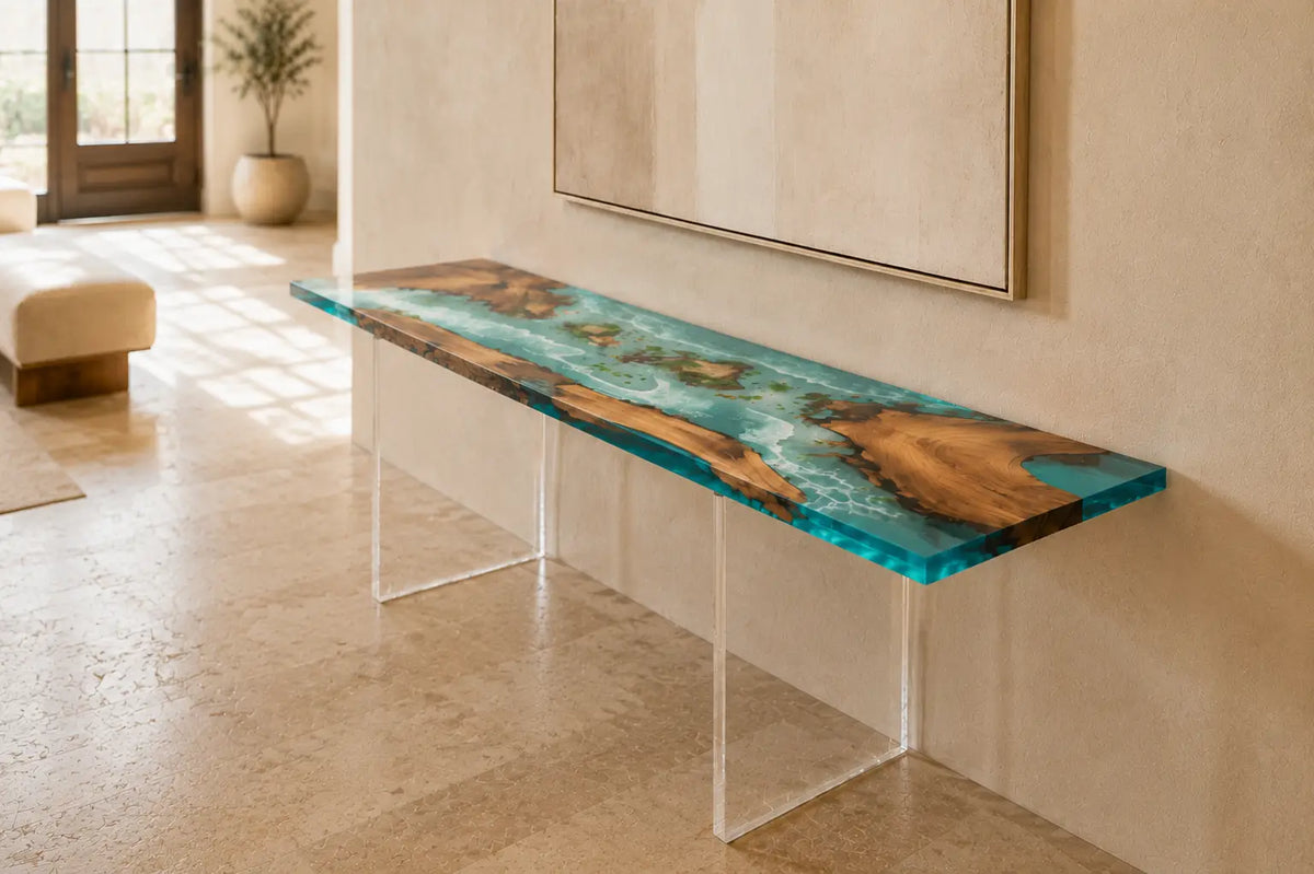 CST10 Coral Reach burl wood ocean epoxy console table with turquoise water and pearl-white reef-like waves