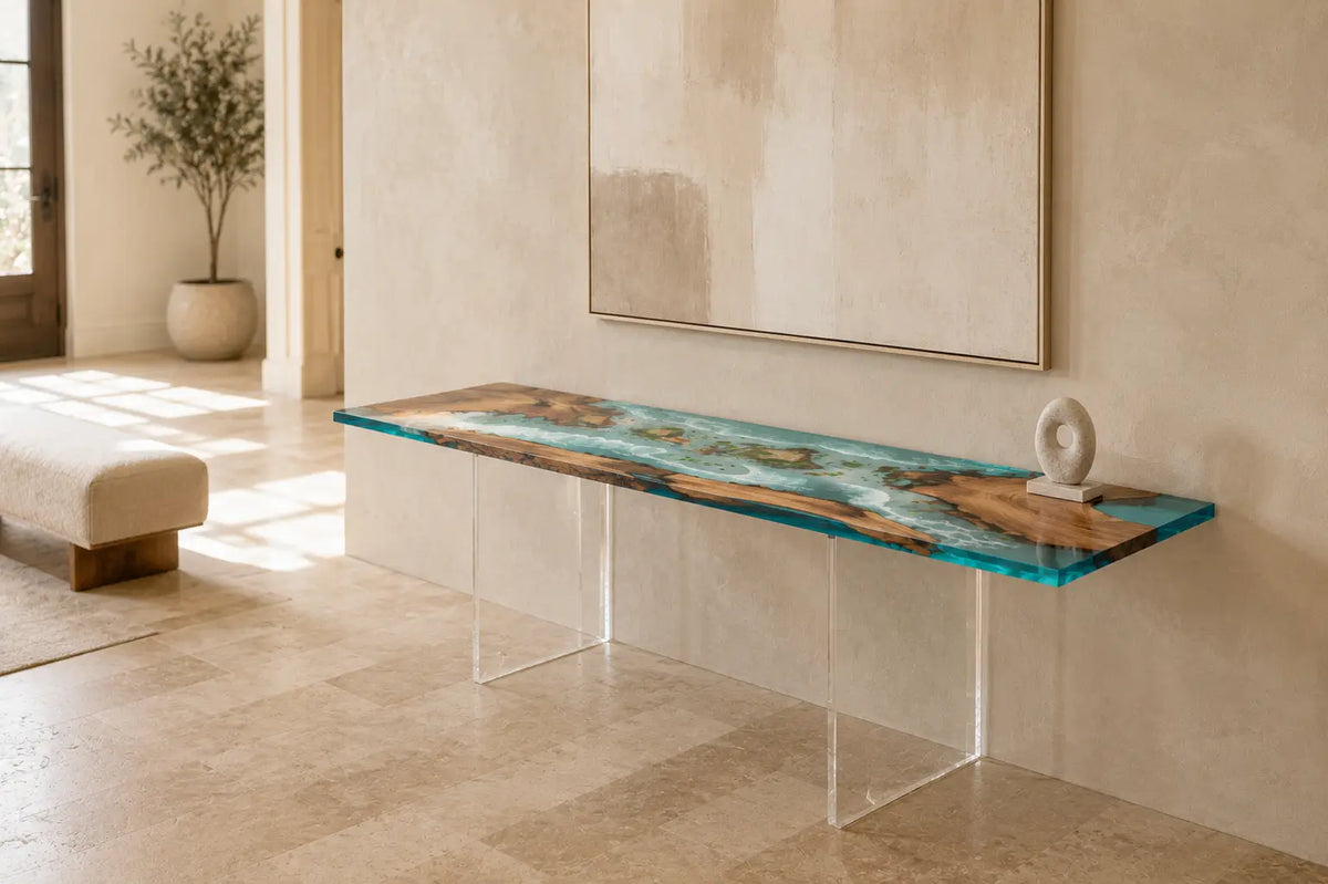 Coral Reach Burl Wood Ocean Epoxy Console Table CST10
