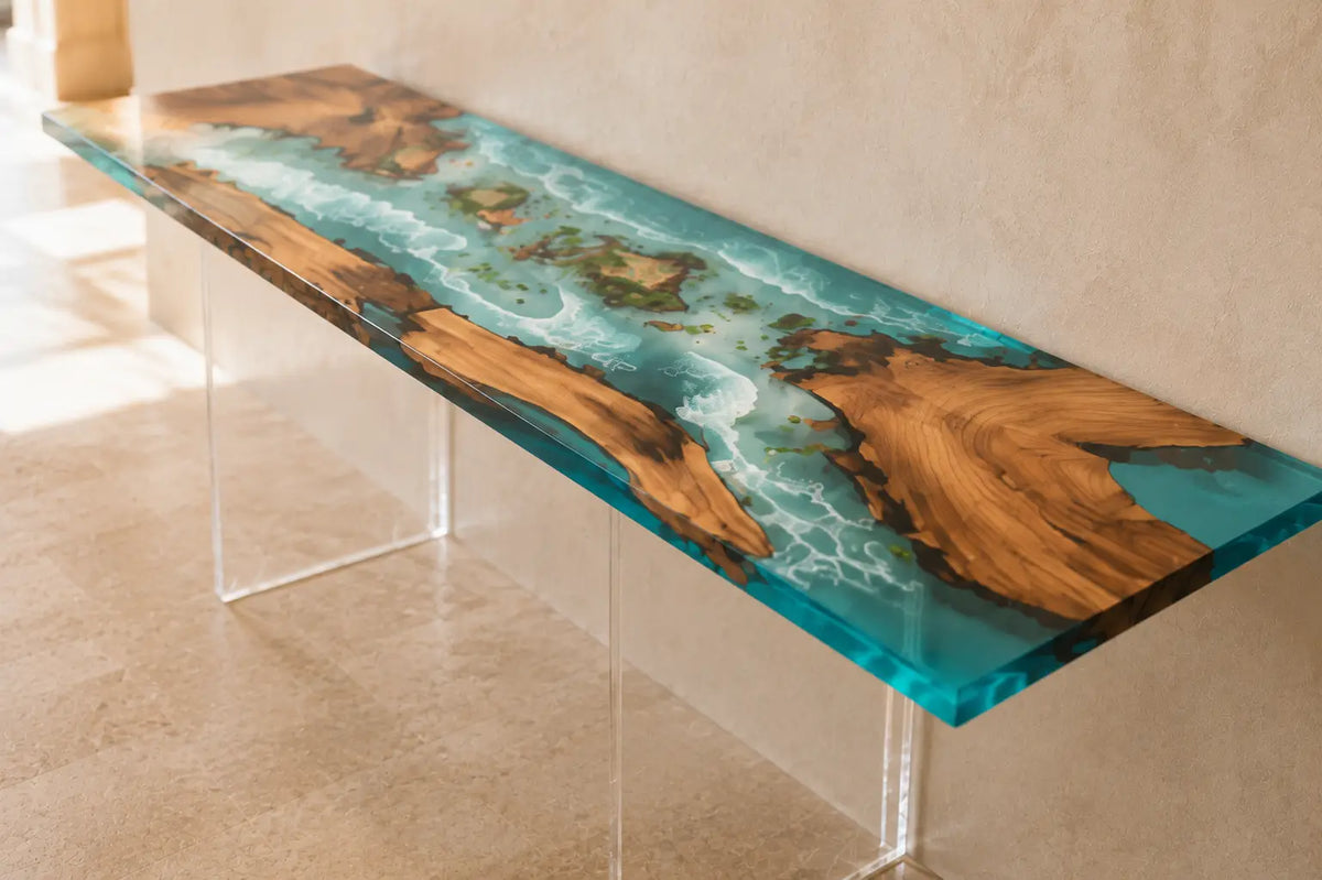 Coral Reach Burl Wood Ocean Epoxy Console Table CST10