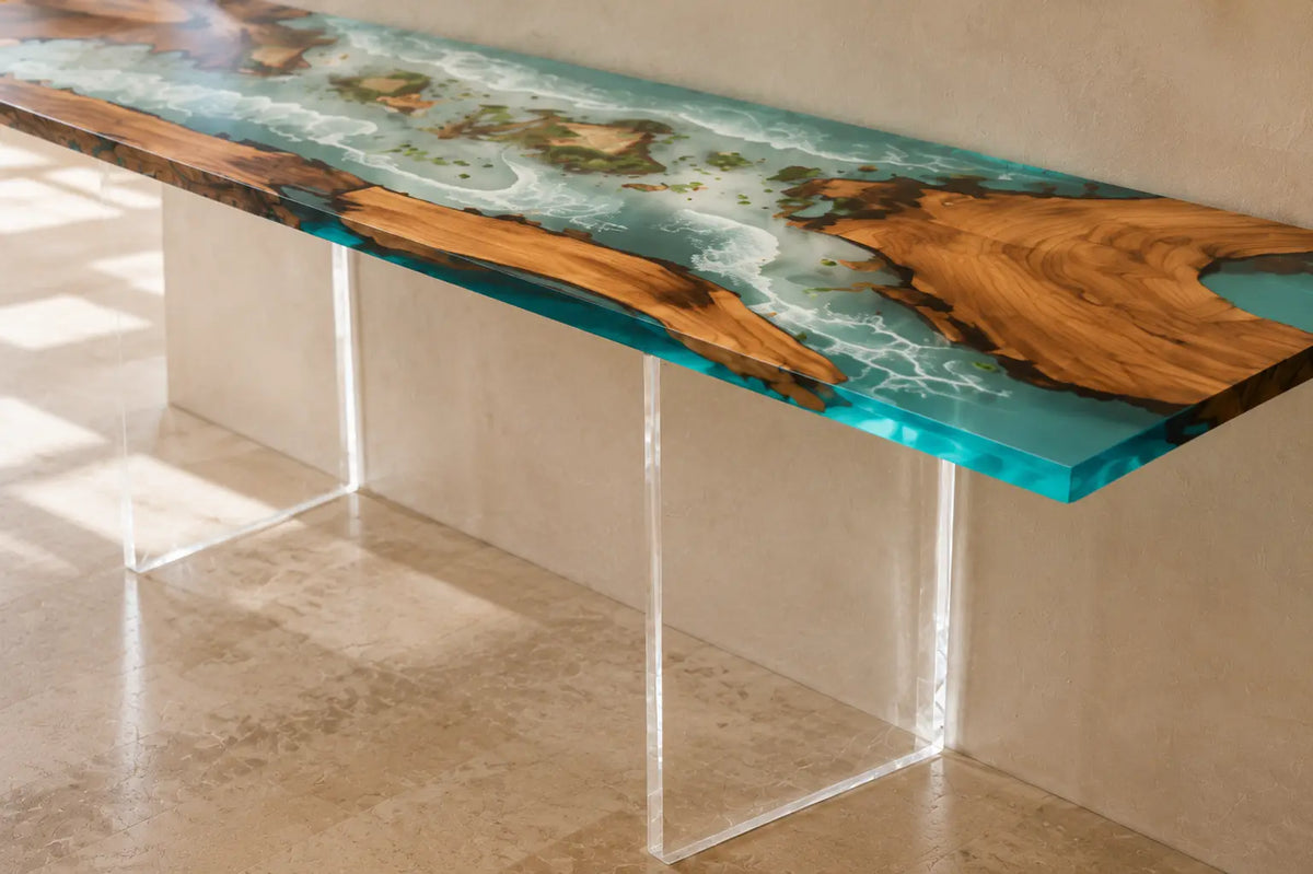 Coral Reach Burl Wood Ocean Epoxy Console Table CST10
