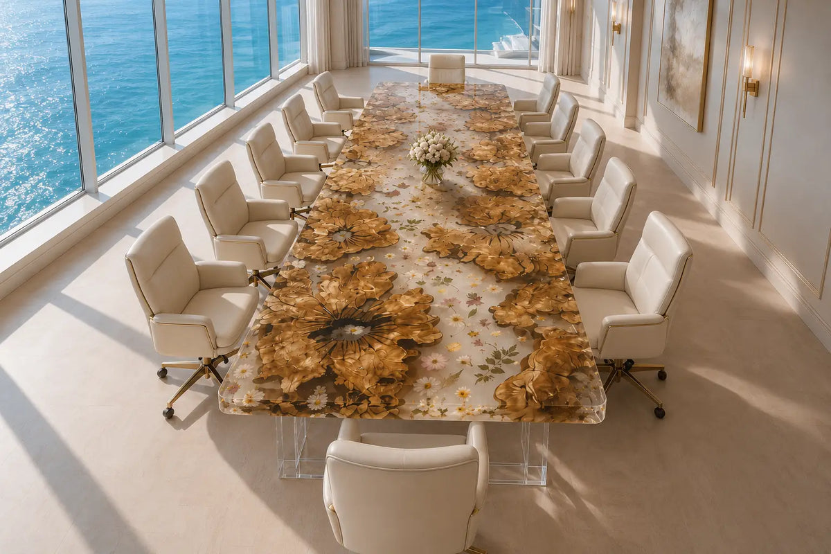 Aurorawoodart Custom Pearl White Floral Epoxy Conference Table CT52