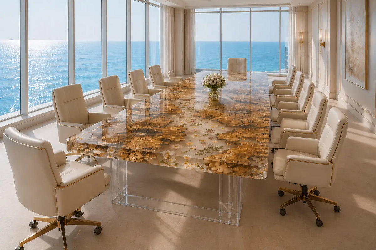Aurorawoodart Custom Pearl White Floral Epoxy Conference Table CT52