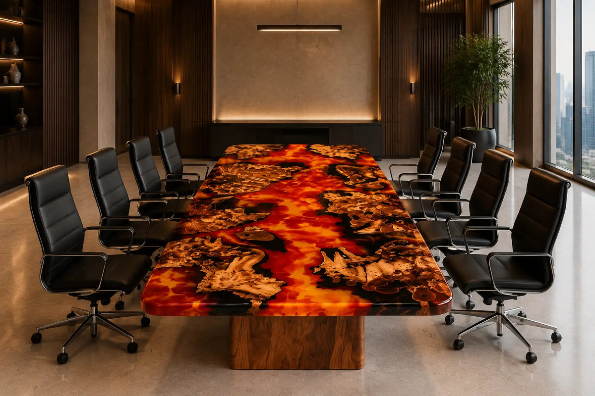 Aurorawoodart Custom Amber Orange Lava Epoxy Conference Table CT53
