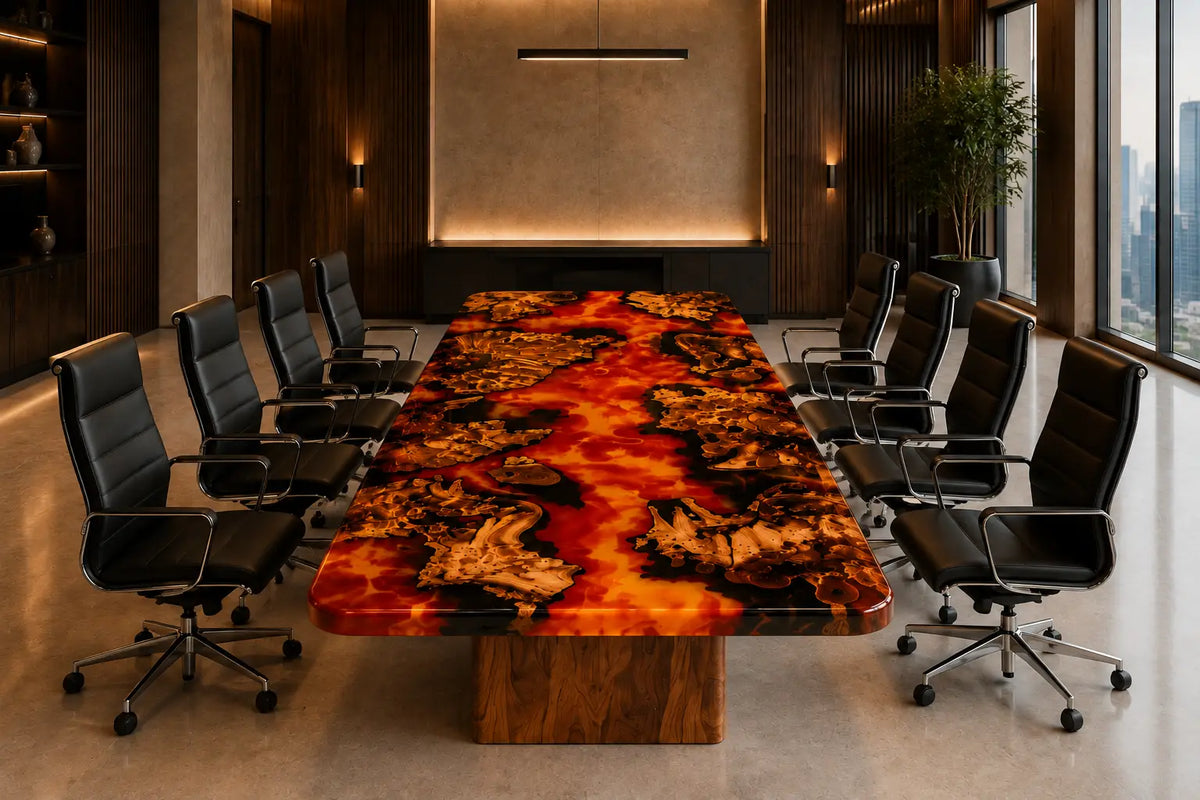 Aurorawoodart Custom Amber Orange Lava Epoxy Conference Table CT53