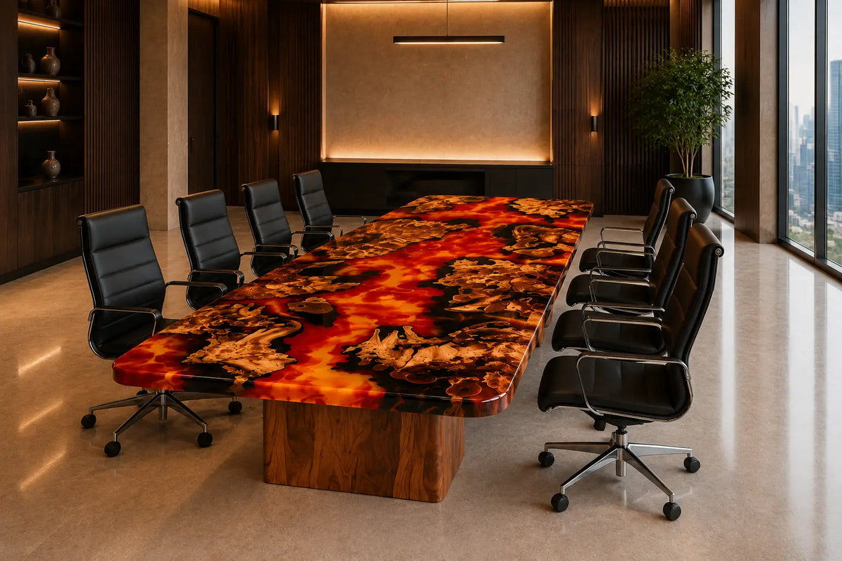 Aurorawoodart Custom Amber Orange Lava Epoxy Conference Table CT53