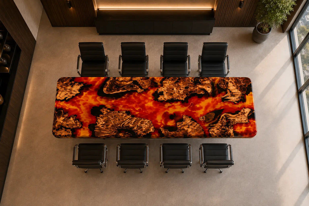 Aurorawoodart Custom Amber Orange Lava Epoxy Conference Table CT53
