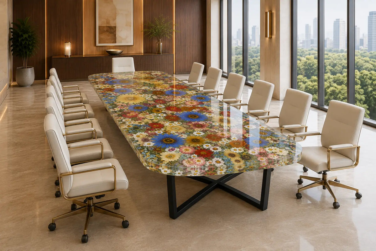 Aurorawoodart Custom Clear Floral Epoxy Conference Table CT54