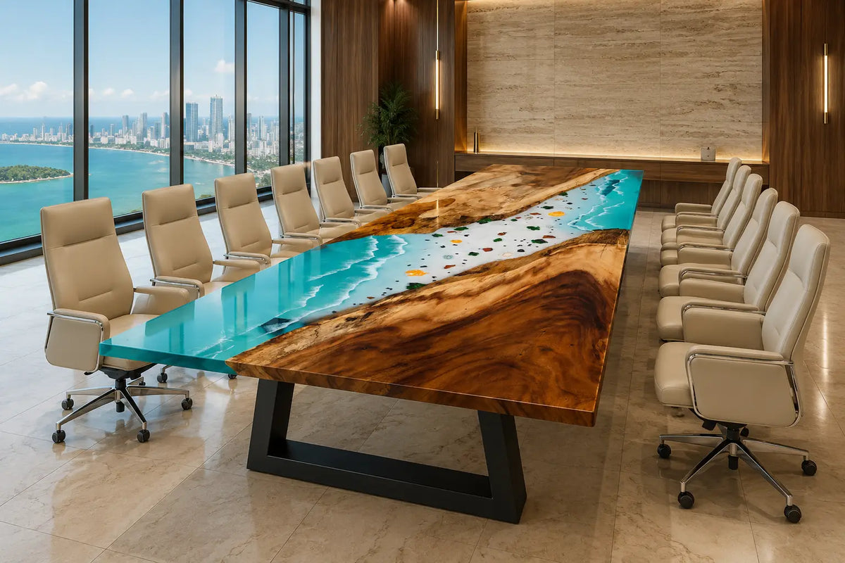 Aurorawoodart Custom Blue Mediterranean Epoxy Conference Table CT55