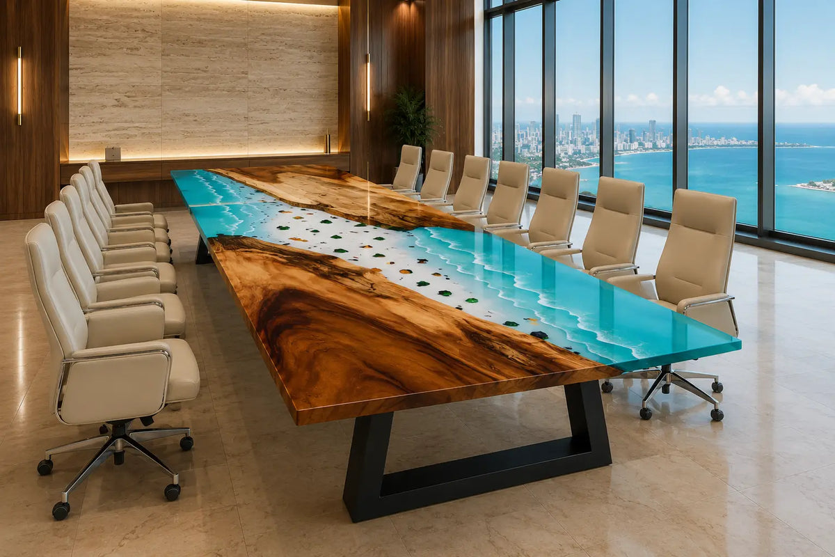 Aurorawoodart Custom Blue Mediterranean Epoxy Conference Table CT55