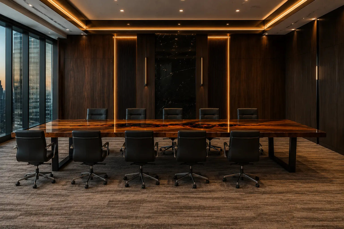 Aurorawoodart Custom Amber Orange Lava Epoxy Conference Table CT56