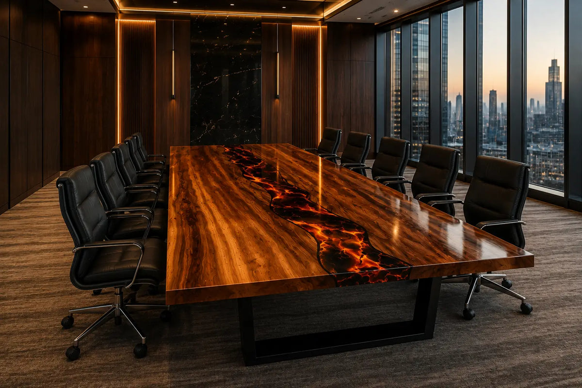 Aurorawoodart Custom Amber Orange Lava Epoxy Conference Table CT56
